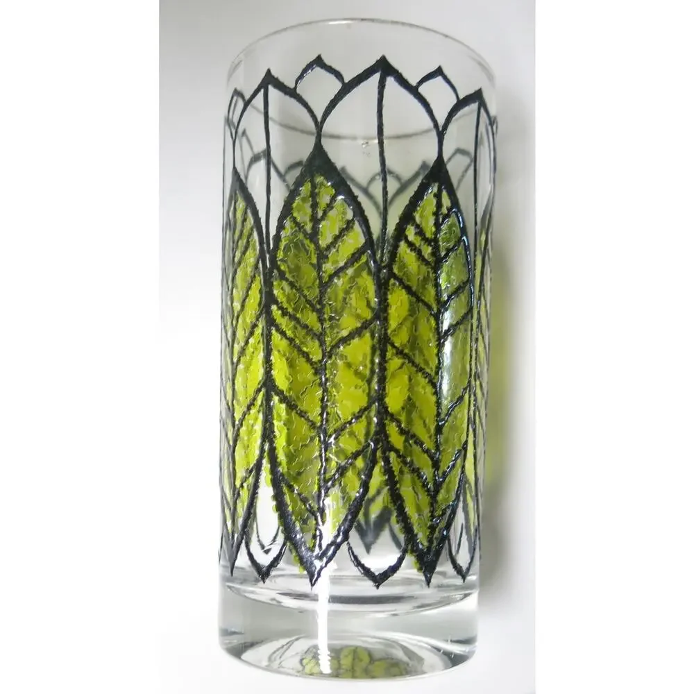 Vintage Continental Can Co Glasses Set 4 Stained Glass Leaf Gold Rim Retro